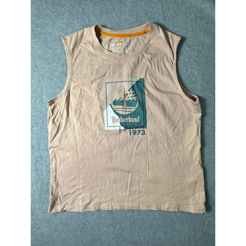 Timberland Womens XL Sleeveless Graphic Tank Top Tan Organic Cotton